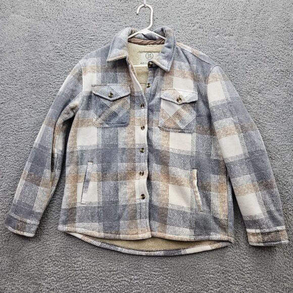 Sage Collective Sherpa Lined Plaid Gray tan beige Button Up shacket M jacket - Picture 1 of 5
